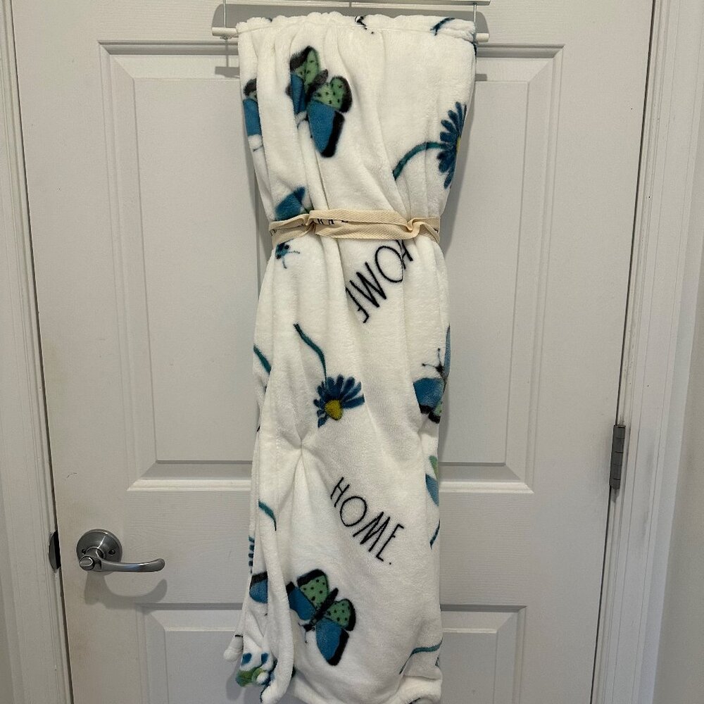 Rae Dunn Throw Blanket | HOME | with Butterflies and Flowers | Blue and White